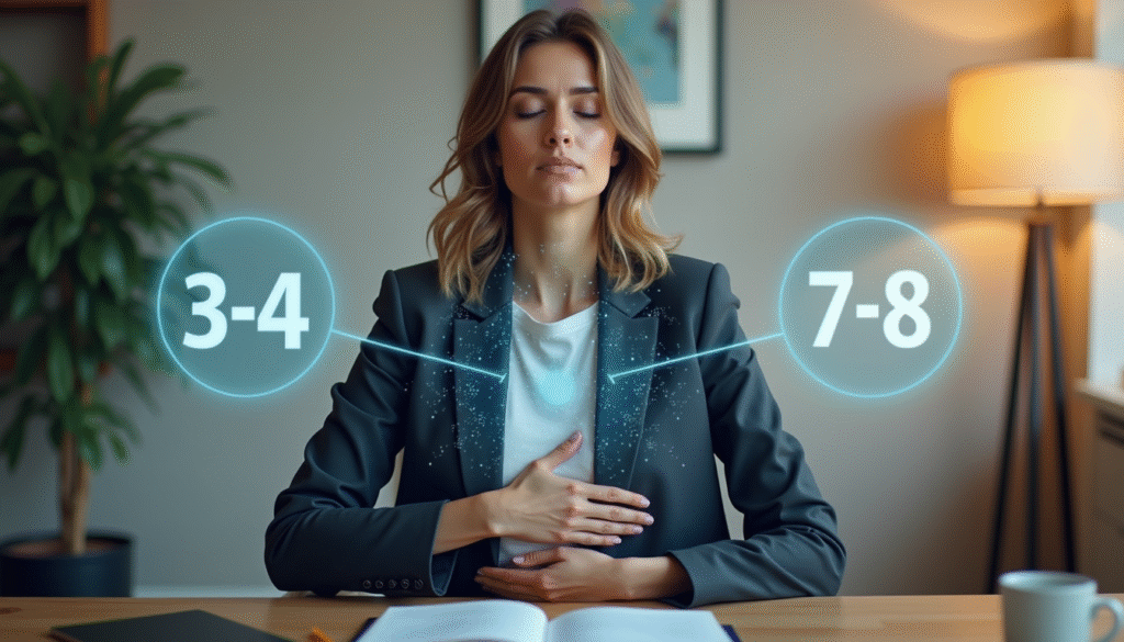 Frau praktiziert 4-7-8 Atemtechnik am Arbeitsplatz für Stressreduktion und Energie