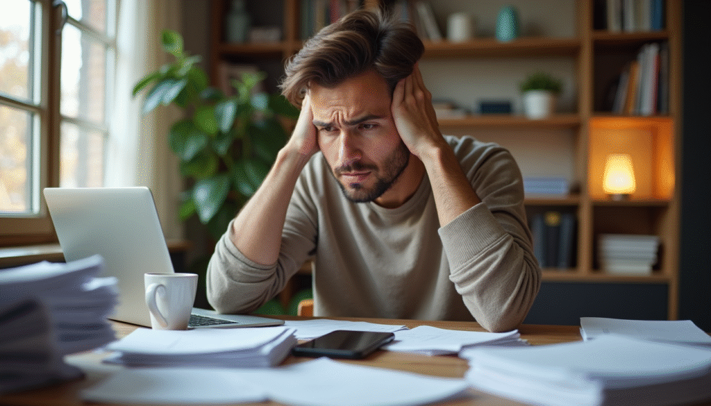Gestresste Person am chaotischen Homeoffice-Arbeitsplatz mit vielen Ablenkungen und Unterbrechungen