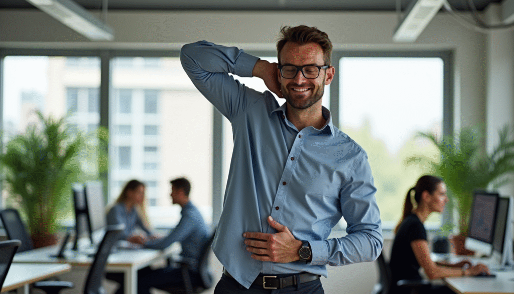 Mann macht Bewegungspausen und Desk-Yoga im Büro für körperliche Regeneration