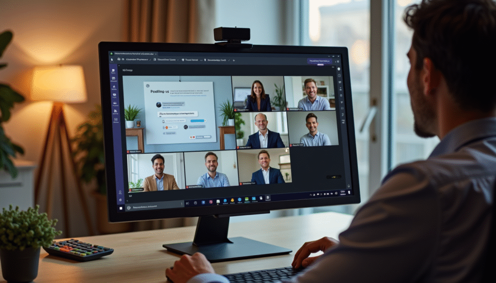 Microsoft Teams Videokonferenz mit Bildschirmfreigabe und Team-Collaboration-Features im Homeoffice