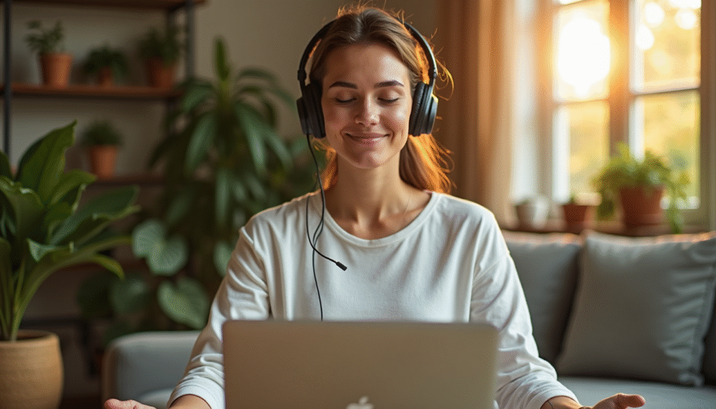 Person bei Headspace-Meditation für Stressabbau und mentale Gesundheit im Homeoffice-Alltag