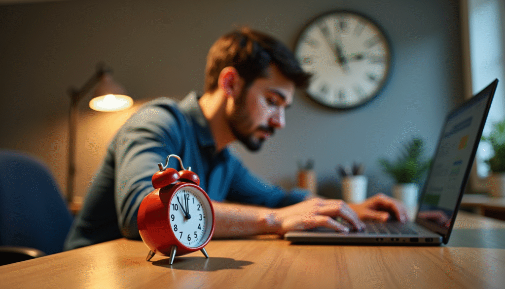Pomodoro-Technik mit rotem Timer für 25-Minuten Arbeitszyklen gegen Prokrastination