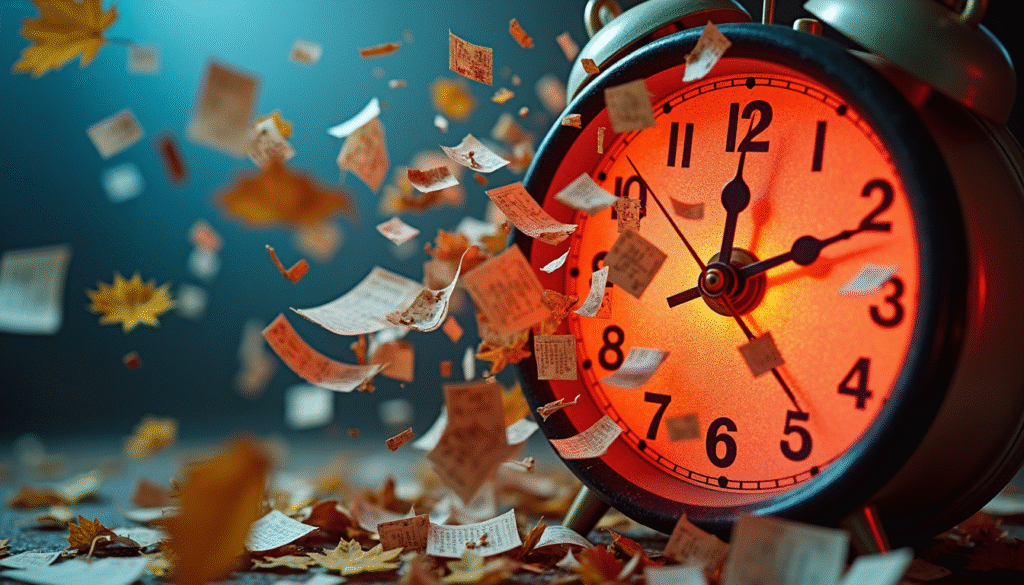 Zeitmanagement-Chaos mit rotierender Uhr und fliegenden Kalenderblättern symbolisiert Stress