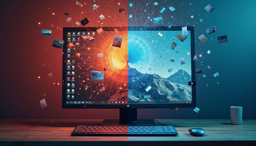 Digitale Entrümpelung vorher nachher - chaotischer vs aufgeräumter Computer Desktop Minimalismus