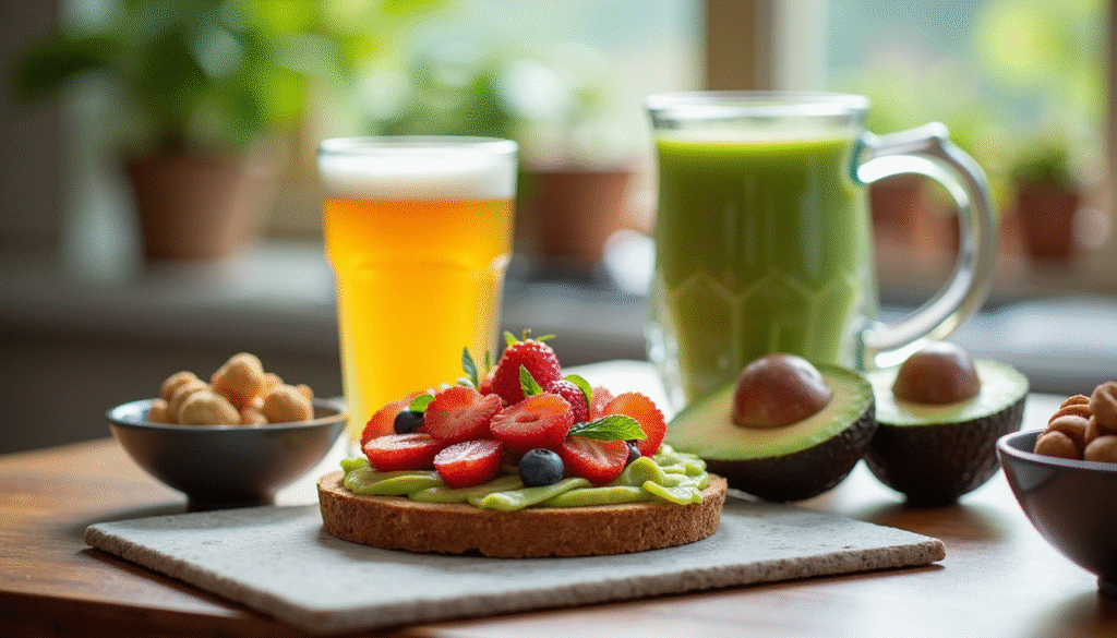 Ausgewogenes Frühstück mit Haferflocken, Beeren und grünem Smoothie für energiereiche Morgenroutine