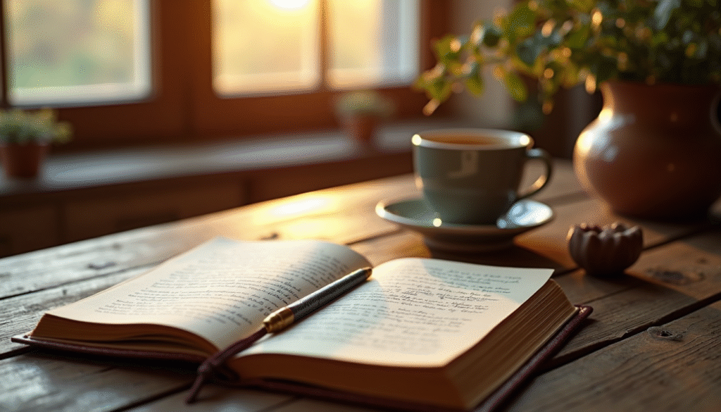 Aufgeschlagenes Notizbuch mit Füllhalter für morgendliches Journaling und Selbstreflexion