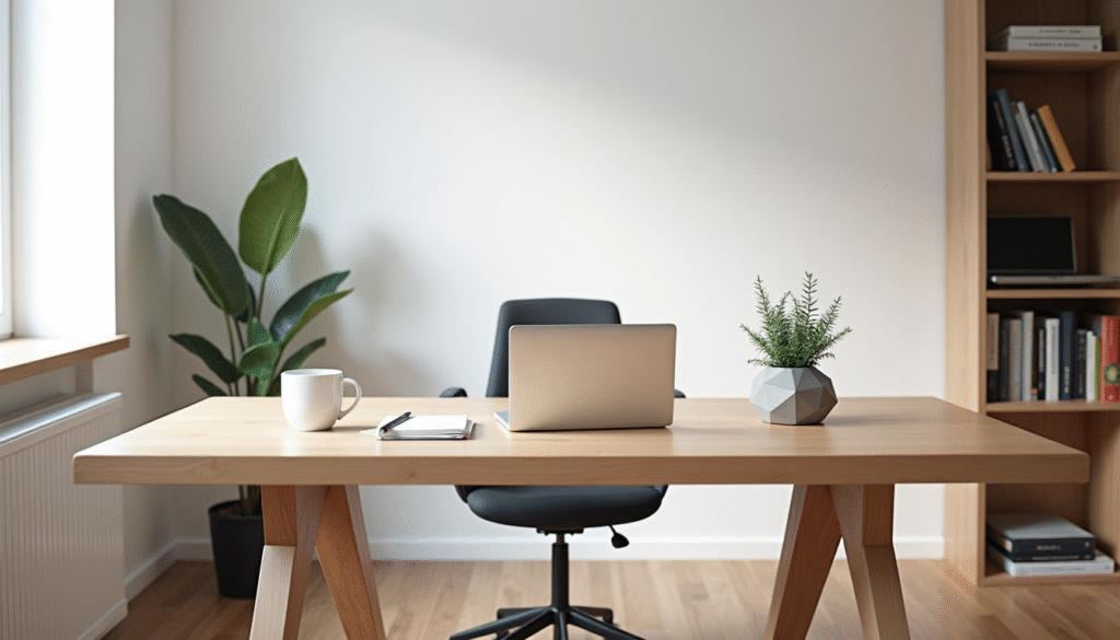 Minimalistischer Arbeitsplatz mit MacBook, Kaffee und Pflanze - clean desk minimalismus büro setup