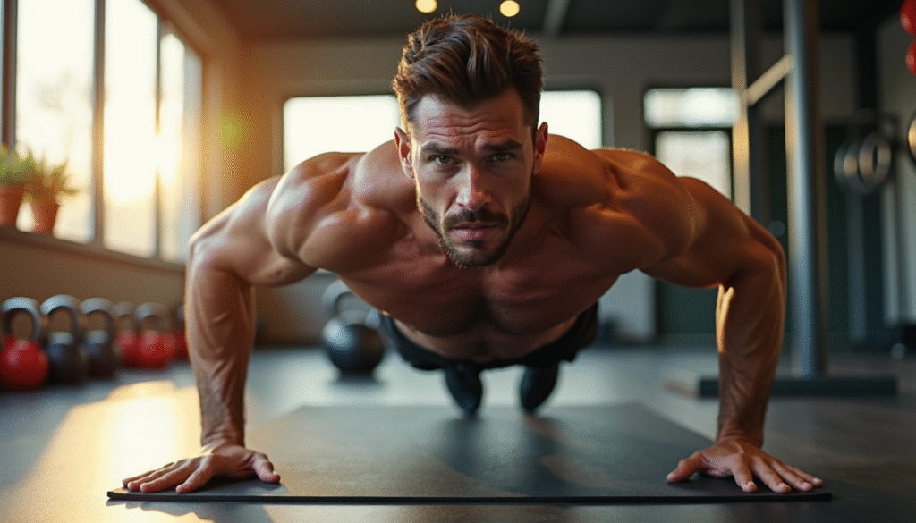 Mann trainiert mit Push-ups als Teil seiner energiegeladenen Sport-Morgenroutine im Home-Gym