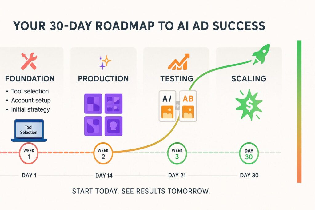 30-tage-action-plan-ki-werbeanzeigen-implementierung-timeline Visueller 30-Tage-Roadmap-Zeitstrahl zeigt vier Phasen der KI-Werbeanzeigen-Implementierung von Foundation bis Scaling