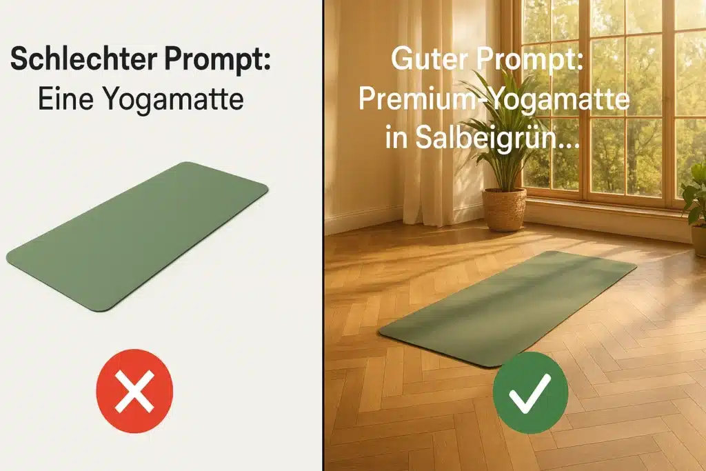 Vergleich schlechter vs guter Prompt für KI Produktfotos mit Qualitätsunterschied Vergleich schlechter vs guter Prompt für KI Produktfotos mit Qualitätsunterschied