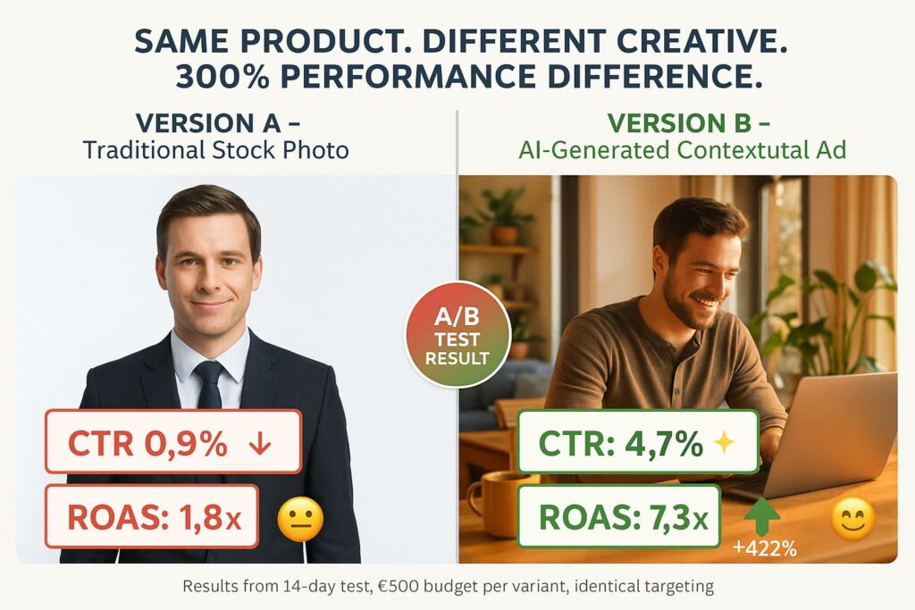 ab-test-vergleich-stock-foto-vs-ki-werbeanzeige-conversion-rate KI Werbeanzeigen Bilder - A/B Test Vergleich zeigt traditionelles Stock-Foto mit niedriger CTR versus KI-generierte Werbeanzeige mit 300% höherer Performance