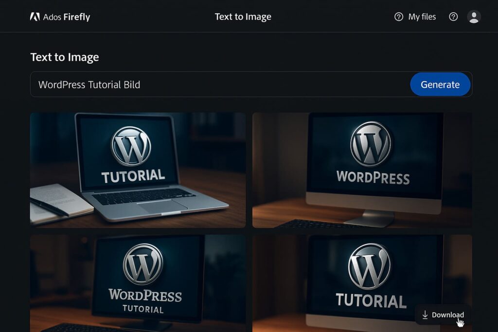 adobe-firefly-interface-screenshot-text-zu-bild-prompt-eingabe Firefly Bilder in WordPress einfügen - Adobe Firefly Web-Interface Screenshot zeigt Prompt-Eingabe und 4 generierte Bild-Varianten für WordPress Tutorial