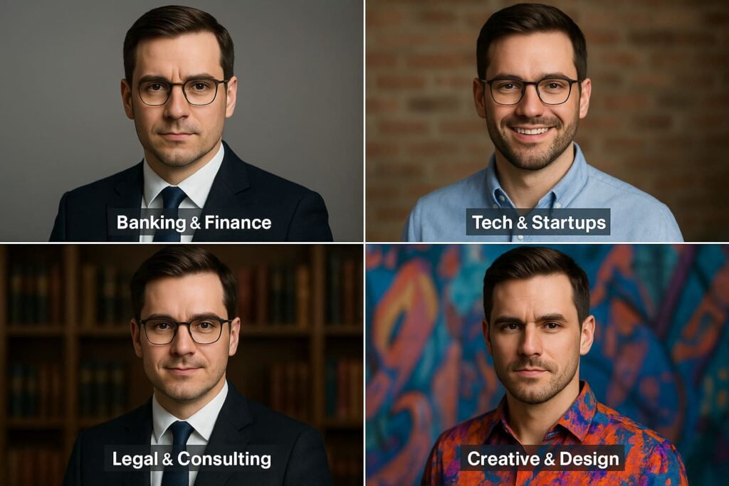 ai-headshots-branchen-stile-banking-tech-legal-creative-business-fotos AI Headshots Generator Stilvergleich für verschiedene Branchen: Banking, Tech Startup, Legal und Creative