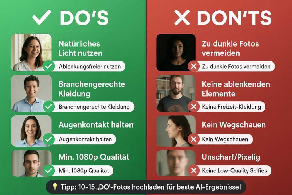 ai-headshots-generator-dos-donts-checkliste-tipps-vorbereitung-fotos Do's and Don'ts Checkliste für AI Headshots Generator: Richtige Beleuchtung, Hintergrund, Outfit und Fotoqualität