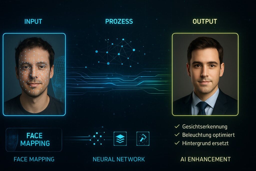ai-headshots-generator-ki-prozess-gesichtserkennung-neuronales-netzwerk-technologie AI Headshots Generator KI-Prozess Visualisierung mit Gesichtserkennung, neuronalem Netzwerk und Bildoptimierung