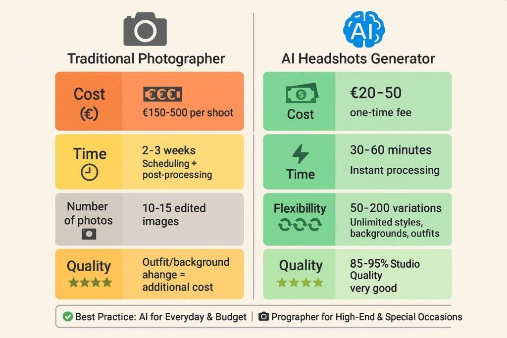 ai-headshots-generator-vs-fotograf-vergleich-kosten-zeit-qualitaet-infografik Vergleich AI Headshots Generator vs. traditioneller Fotograf: Kosten, Zeit, Anzahl Fotos, Flexibilität und Qualität