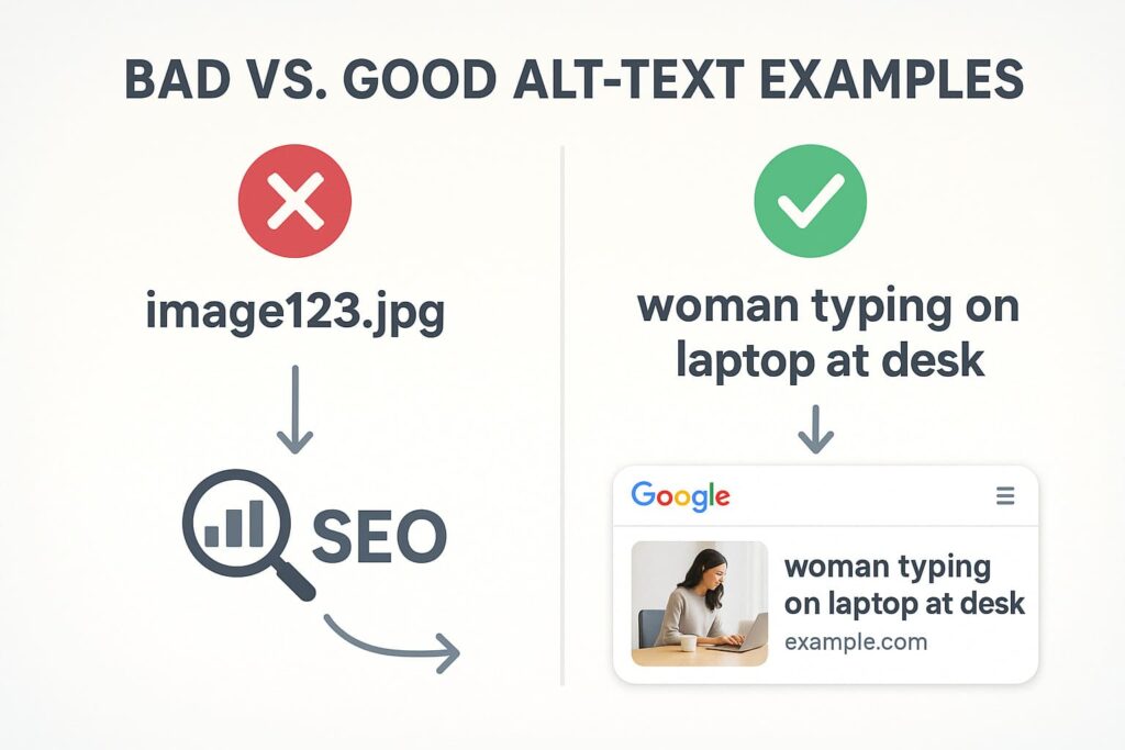 alt-text-optimierung-beispiel-gut-schlecht-vergleich-seo Firefly Bilder in WordPress einfügen - Infografik-Vergleich zeigt schlechten vs. optimierten Alt-Text für WordPress-Bilder mit SEO-Ranking-Auswirkung