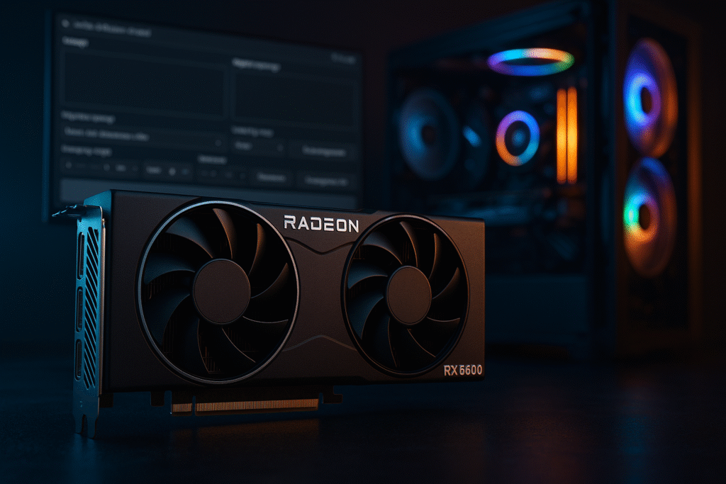 AMD Radeon RX 6600 Grafikkarte mit Stable Diffusion WebUI Interface auf Monitor - KI-Bildgenerierung Setup Tutorial
