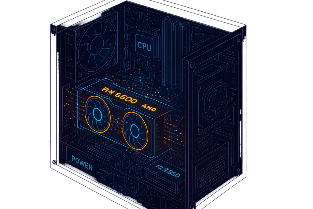 amd-rx-6600-hardware-anforderungen-pc-komponenten-uebersicht Stable Diffusion AMD RX 6600 Anleitung - Isometrische Darstellung AMD RX 6600 Setup mit PC-Komponenten - Hardware-Anforderungen für Stable Diffusion