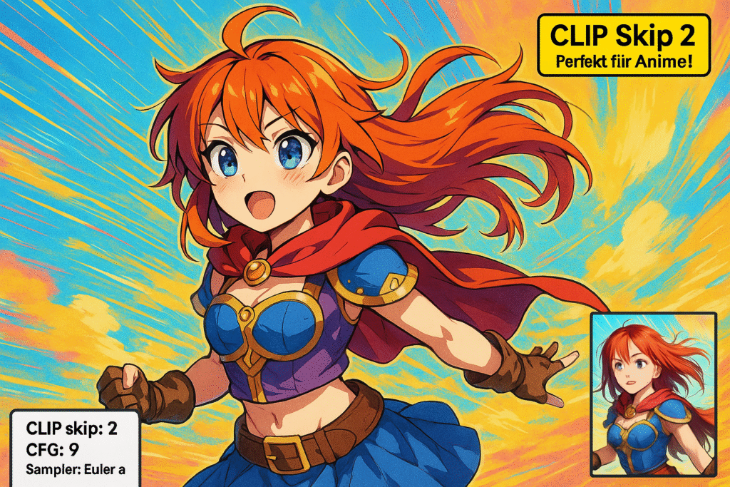 CLIP Skip Einstellung optimieren - anime-stil-clip-skip-2-manga-charakter-perfekt Anime-Charakter mit CLIP Skip 2 zeigt perfekten Manga-Stil mit Cell-Shading und typischen Proportionen Stable Diffusion