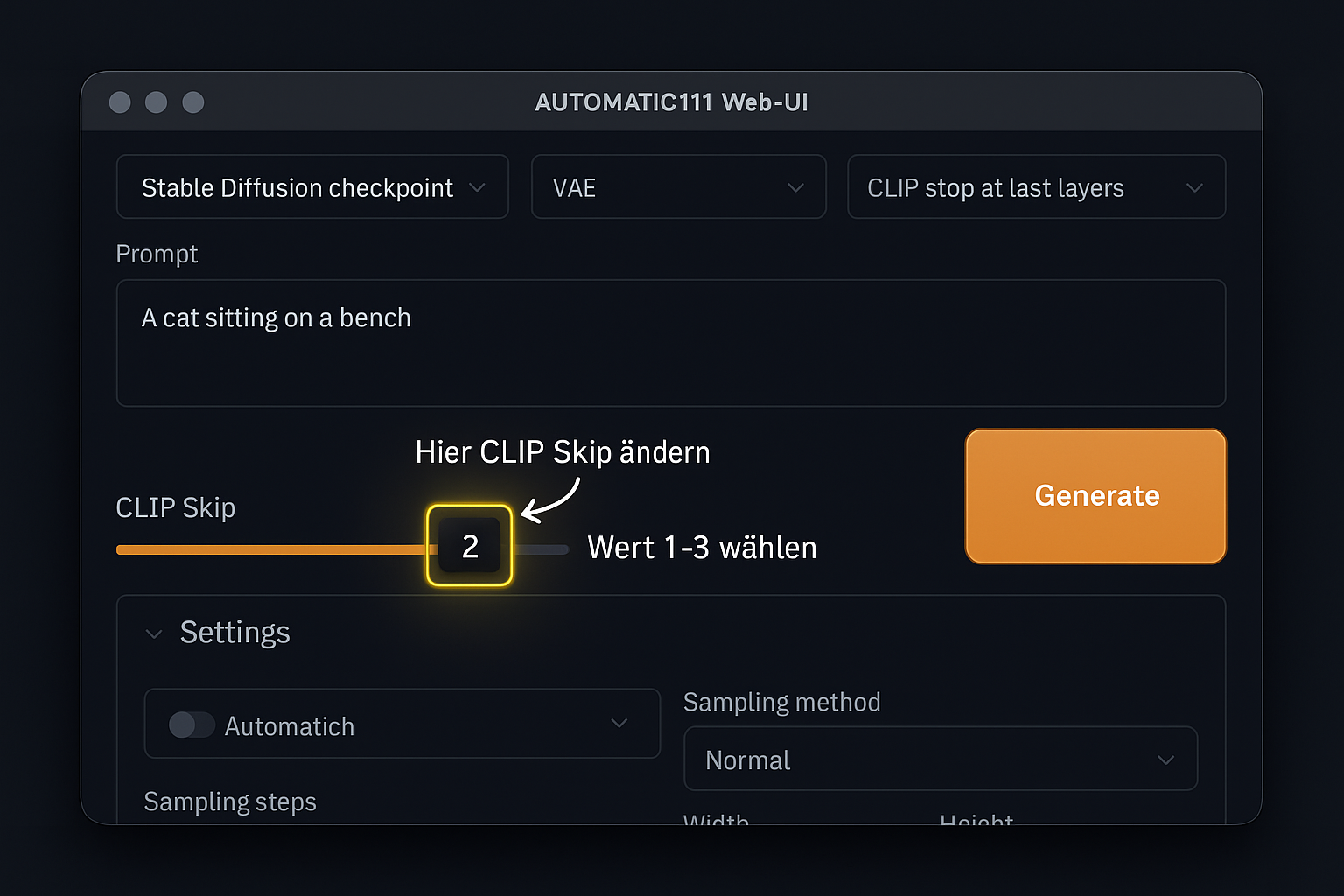 automatic1111-clip-skip-einstellung-interface-anleitung AUTOMATIC1111 Benutzeroberfläche zeigt CLIP Skip Einstellung mit Slider auf Wert 2 für optimale Stable Diffusion Ergebnisse