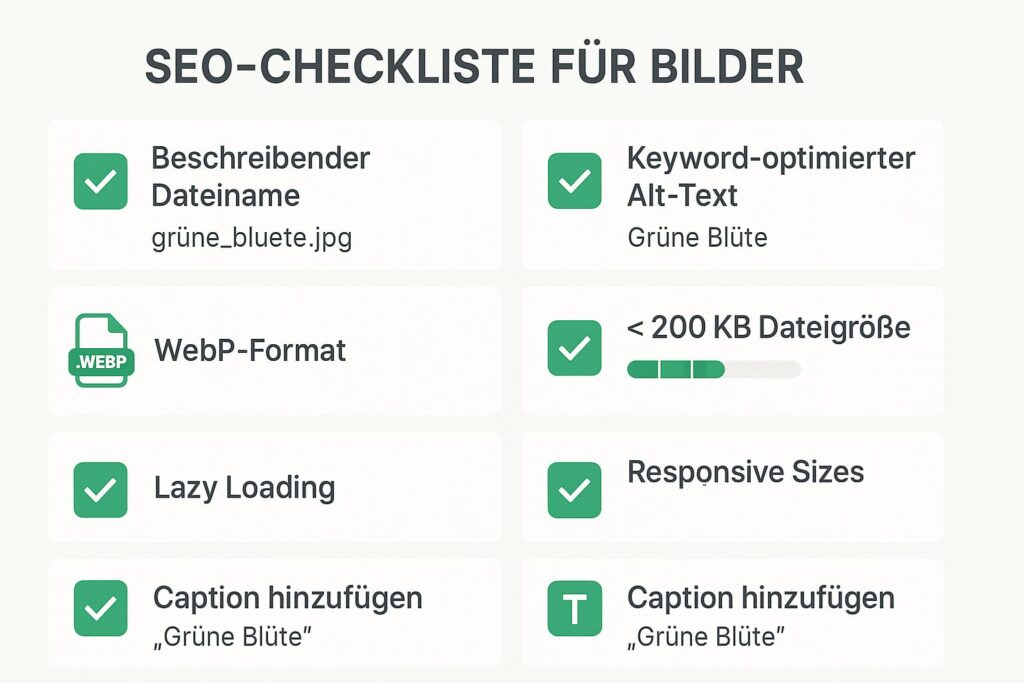 bild-seo-checkliste-optimierung-chatgpt-bilder-alt-text SEO-Checkliste für Bildoptimierung zeigt 7 wichtige Punkte: Dateiname, Alt-Text, WebP-Format, Dateigröße, Lazy Loading, Responsive, Caption