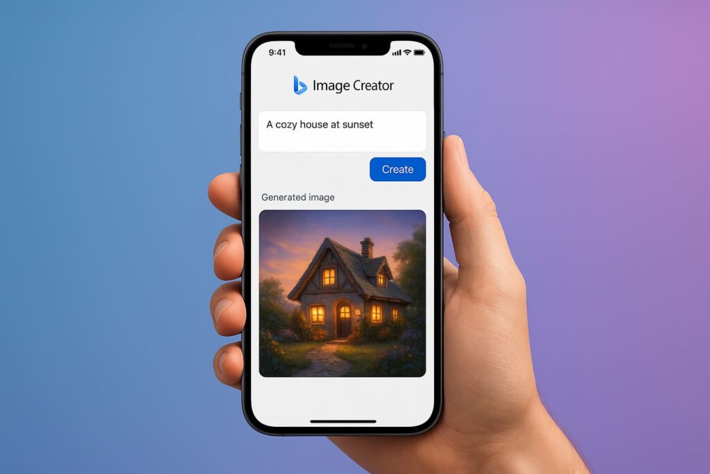 bing-image-creator-mobile-app-interface Smartphone zeigt Bing Image Creator mobile Benutzeroberfläche mit Prompt-Eingabe und generiertem Bild