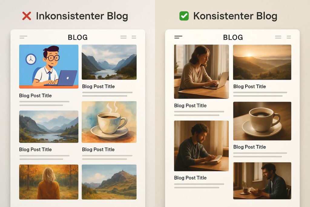 blog-design-vergleich-konsistenter-bildstil-chatgpt Website-Vergleich zeigt inkonsistenten Blog mit chaotischen Bildstilen versus professionellen Blog mit einheitlichem ChatGPT Bildstil
