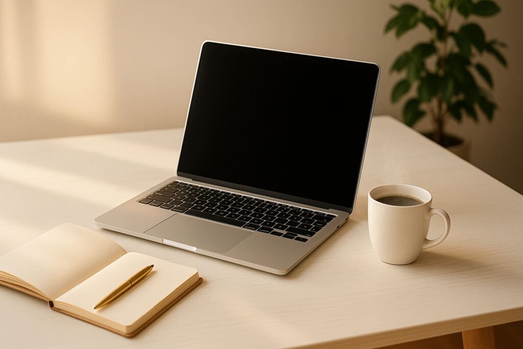 blog-header-beispiel-minimalistisch-schreibtisch-laptop-chatgpt Minimalistischer Blog-Header zeigt Laptop mit Kaffeetasse und Notizbuch auf hellem Schreibtisch, perfekt für Content Creator