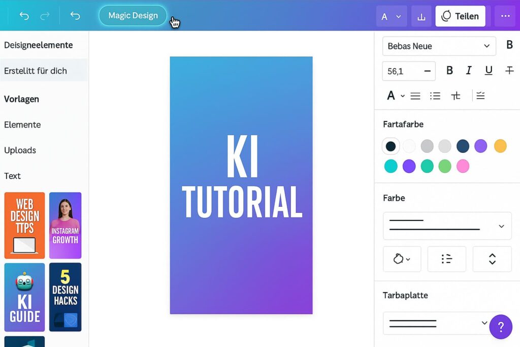 canva-interface-instagram-reel-cover-magic-design-ki-tool Instagram Reel Cover mit KI erstellen - Canva Benutzeroberfläche mit Magic Design KI-Funktion zur automatischen Erstellung von Instagram Reel Cover Designs