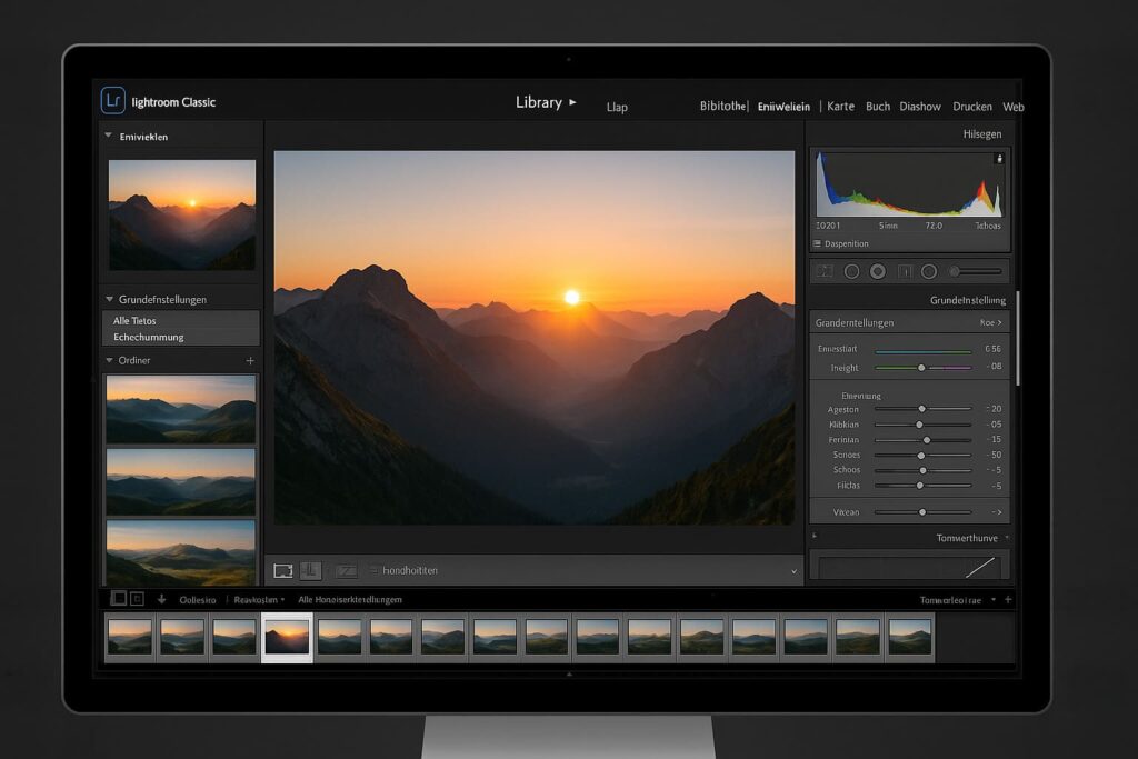 Lightroom Classic Interface zeigt Bearbeitung von Canva KI-Bild mit Tonwertkurve und Grundeinstellungen Panel