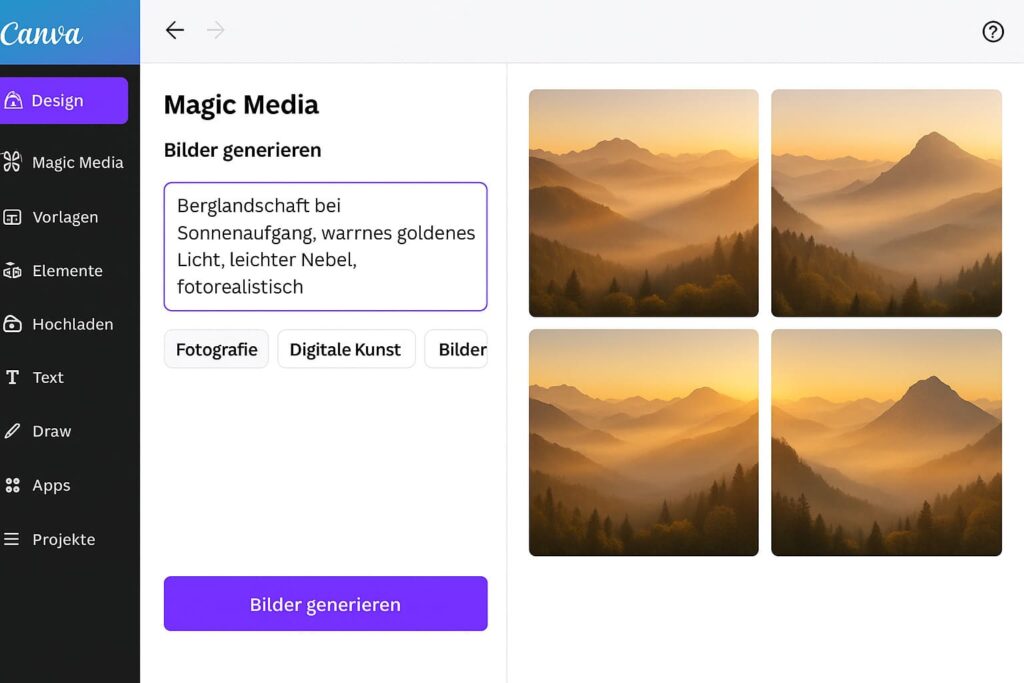canva-magic-media-ki-bildgenerierung-prompt-eingabe-screenshot Canva Magic Media Interface mit Prompt-Eingabe und generierten KI-Bildvarianten für Landschaftsfotografie