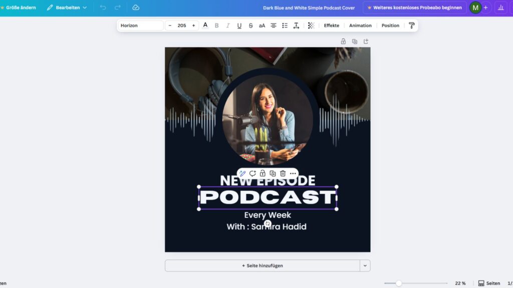 canva-magic-studio-ki-bildgenerator-podcast-cover-interface Canva Editor zeigt Magic Studio KI-Tool für Podcast Cover Design mit Vorlagen und Farbpalette