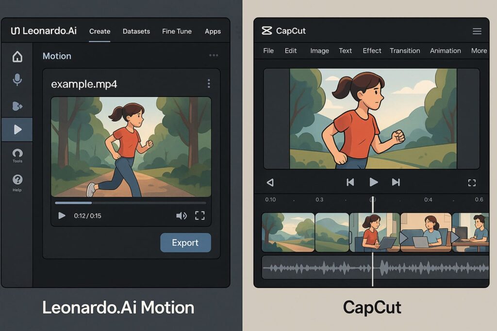 capcut-leonardo-ai-integration-workflow-tutorial-instagram-reels CapCut und Leonardo AI Integration Workflow zeigt Export von Motion Clips und Timeline-Bearbeitung für Instagram Reels