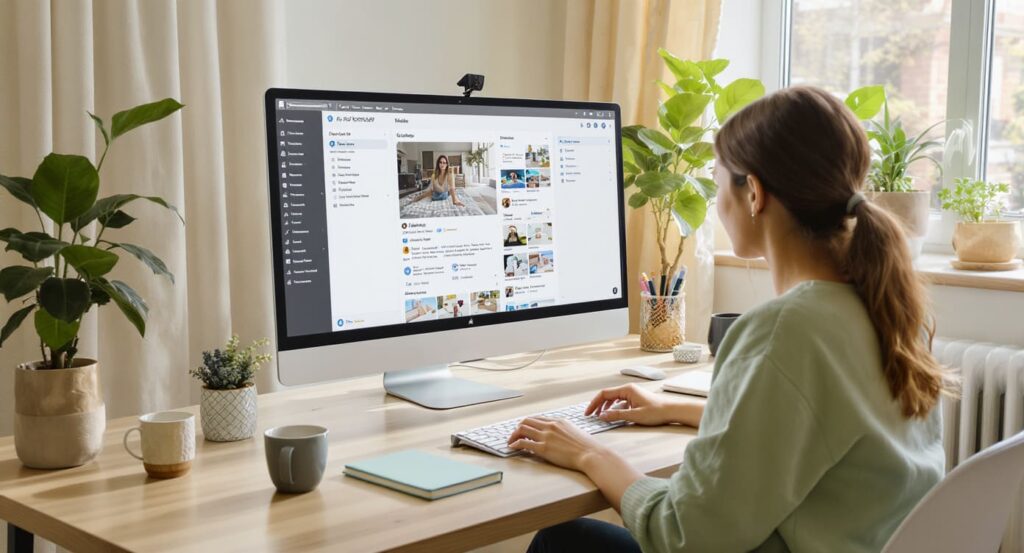 Content Creator erstellt professionelle Bilder mit ChatGPT am Laptop in hellem modernem Home Office mit KI-generierten Grafiken auf dem Bildschirm