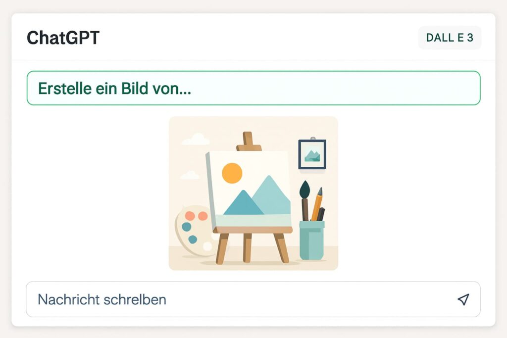 chatgpt-dalle3-interface-bildgenerierung-anleitung ChatGPT Interface zeigt DALL-E 3 Bildgenerierung mit Beispiel-Prompt und generiertem Bild