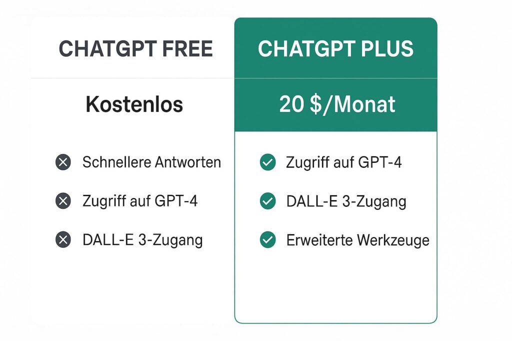 chatgpt-plus-abo-vergleich-free-dalle3-zugang Vergleichsgrafik ChatGPT Free versus ChatGPT Plus zeigt DALL-E 3 Bildgenerierung nur in Plus Version verfügbar