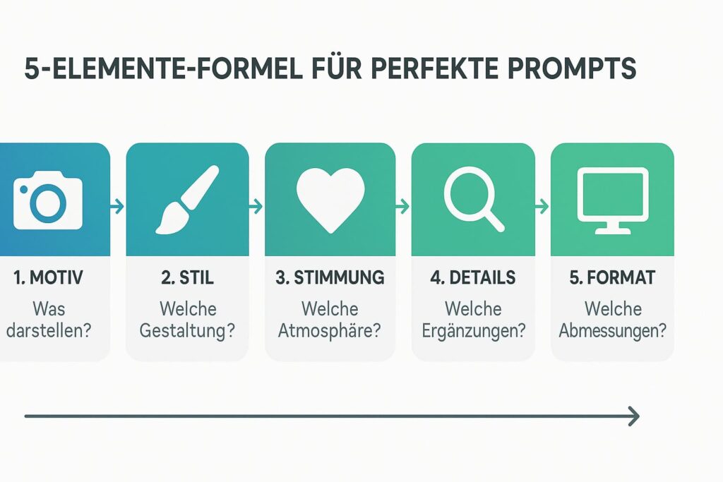 chatgpt-prompt-formel-5-elemente-perfekte-bilder Infografik zeigt 5-Elemente-Formel für perfekte ChatGPT Bildprompts: Motiv, Stil, Stimmung, Details, Format
