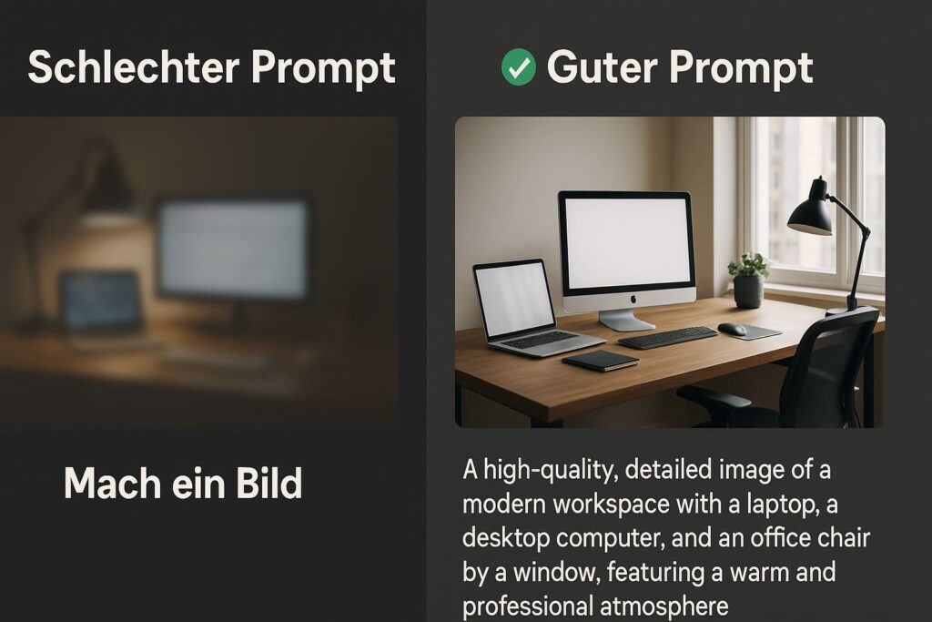 chatgpt-prompt-vergleich-schlecht-gut-bildqualitaet Vergleich zeigt schlechte ChatGPT Bildqualität bei vagem Prompt versus professionelles Ergebnis bei detailliertem Prompt