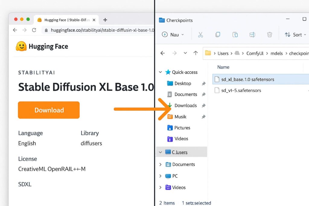 checkpoint-modell-download-installation-huggingface-comfyui-ordner Checkpoint Modell Download Hugging Face Stable Diffusion XL Installation ComfyUI models checkpoints Ordner Anleitung
