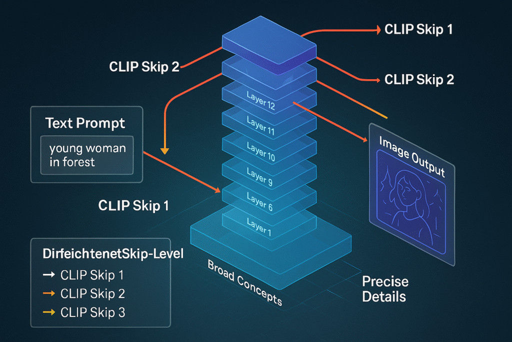clip-skip-layer-architektur-diagramm-stable-diffusion Technisches Diagramm der CLIP Skip Layer Architektur zeigt 12 Layer und wie verschiedene Skip-Werte funktionieren