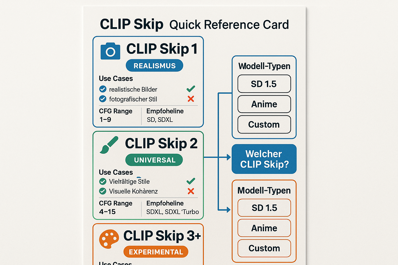 clip-skip-quick-reference-cheat-sheet-guide Quick Reference Cheat Sheet für CLIP Skip Einstellungen zeigt optimale Werte CFG Scale und Anwendungsfälle Stable Diffusion