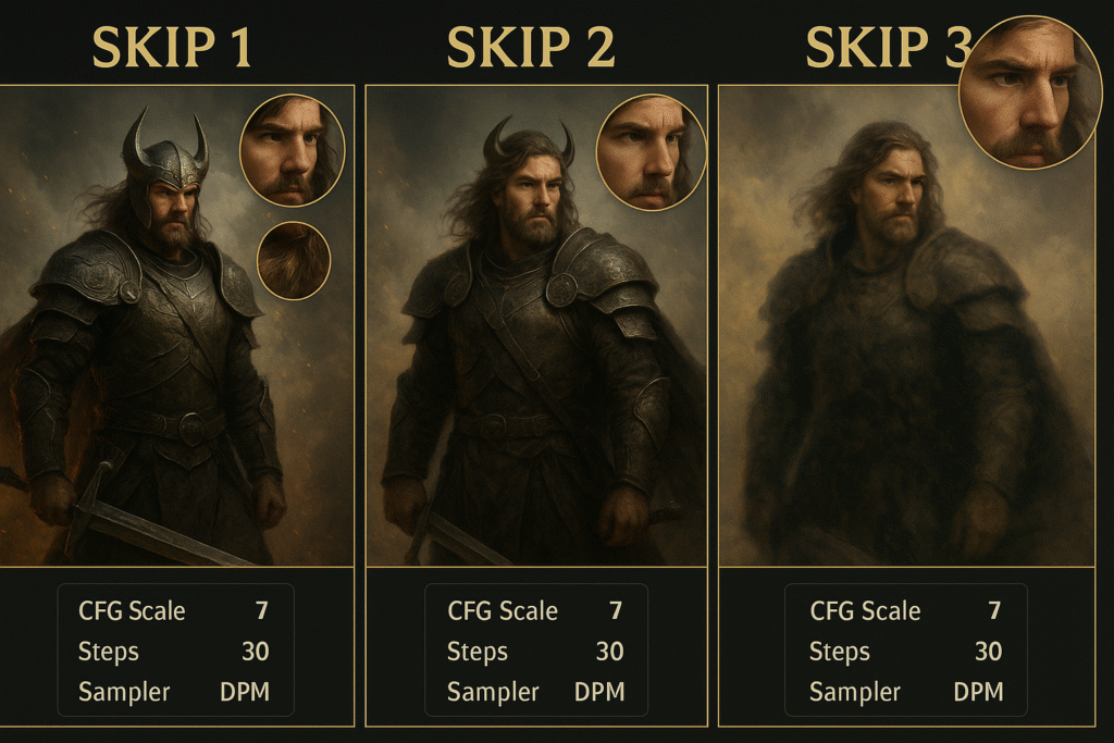 clip-skip-vergleich-1-2-3-fantasy-beispiel-unterschiede Direkter Vergleich CLIP Skip 1 2 3 bei Fantasy-Krieger zeigt Unterschiede in Detailgrad und künstlerischem Stil Stable Diffusion
