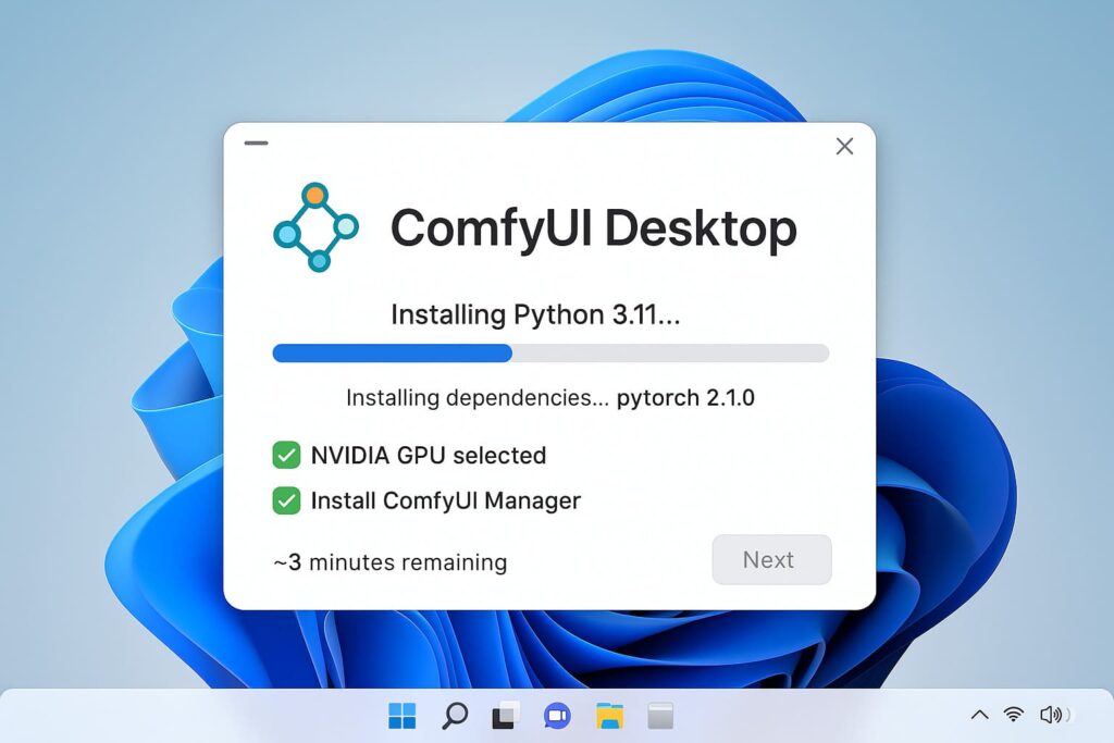 comfyui-desktop-installation-windows-11-screenshot-prozess ComfyUI Desktop Installation Windows 11 Screenshot Installationsfenster Python PyTorch Setup Fortschrittsanzeige