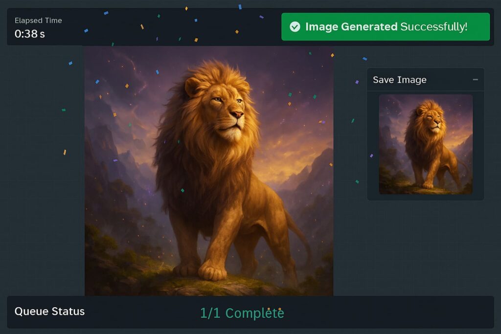 comfyui-erstes-ki-bild-generiert-erfolg-stable-diffusion-output ComfyUI erstes KI-Bild erfolgreich generiert Stable Diffusion majestätischer Löwe Fantasy AI-Bildgenerierung Erfolg