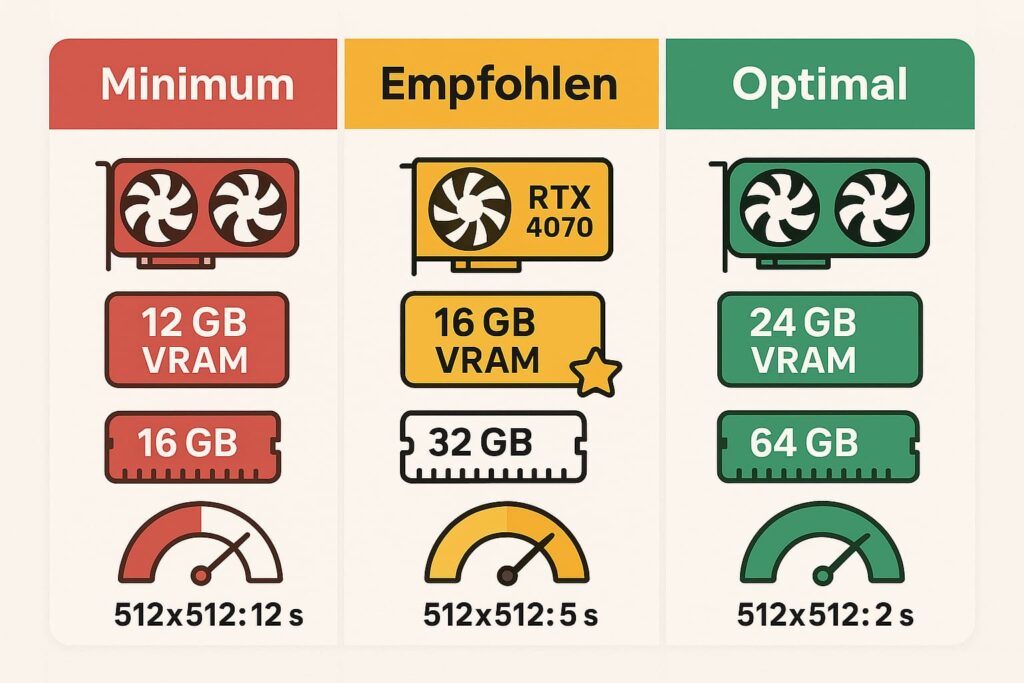 comfyui-gpu-anforderungen-hardware-vergleich-nvidia-rtx ComfyUI GPU Anforderungen Vergleich NVIDIA RTX 3060 4070 4090 VRAM RAM Hardware Empfehlungen Stable Diffusion