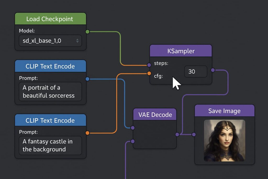 comfyui-workflow-node-verbindung-text-to-image-beispiel ComfyUI Workflow Beispiel mit Node-Verbindungen Text-to-Image Stable Diffusion KSampler CLIP Encoder Visualisierung