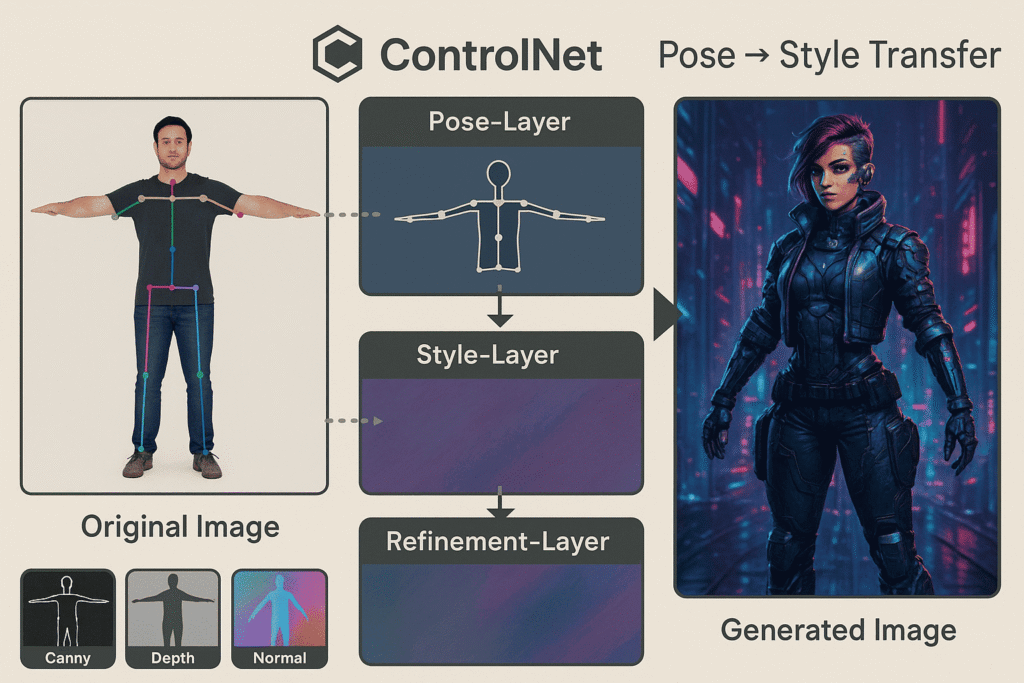 controlnet-pose-kontrolle-stable-diffusion-beispiel-anleitung ControlNet Pose-Kontrolle für Stable Diffusion - Beispiel von Skelett zu finaler KI-Kunst