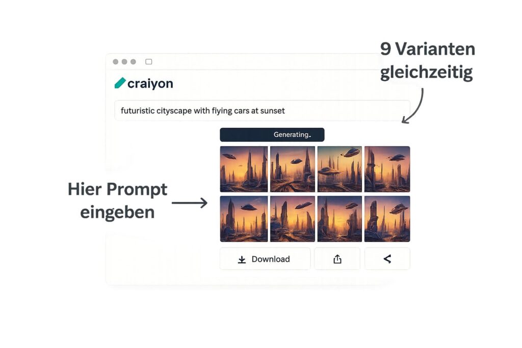 craiyon-interface-ki-bildgenerator-9-varianten-grid-screenshot Craiyon KI Bildgenerator Interface zeigt 9 generierte Bildvariationen gleichzeitig - kostenloses Tool ohne Anmeldung