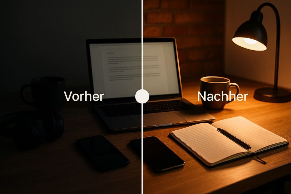 farbkorrektur-chatgpt-bild-vorher-nachher-optimierung Vorher-Nachher-Vergleich zeigt Farbkorrektur an ChatGPT Bild mit Helligkeits- und Kontrastanpassung für professionelleres Ergebnis